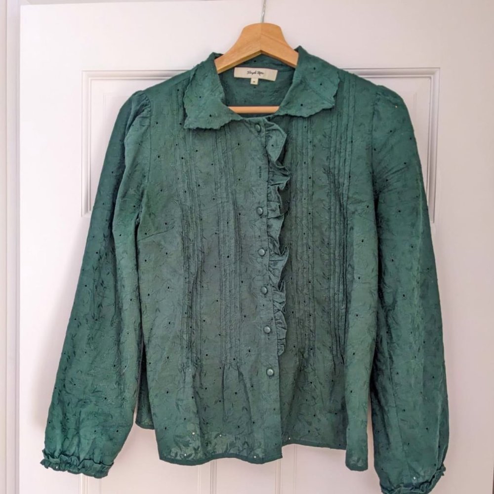Embroidered Simple Retro Green Blouse